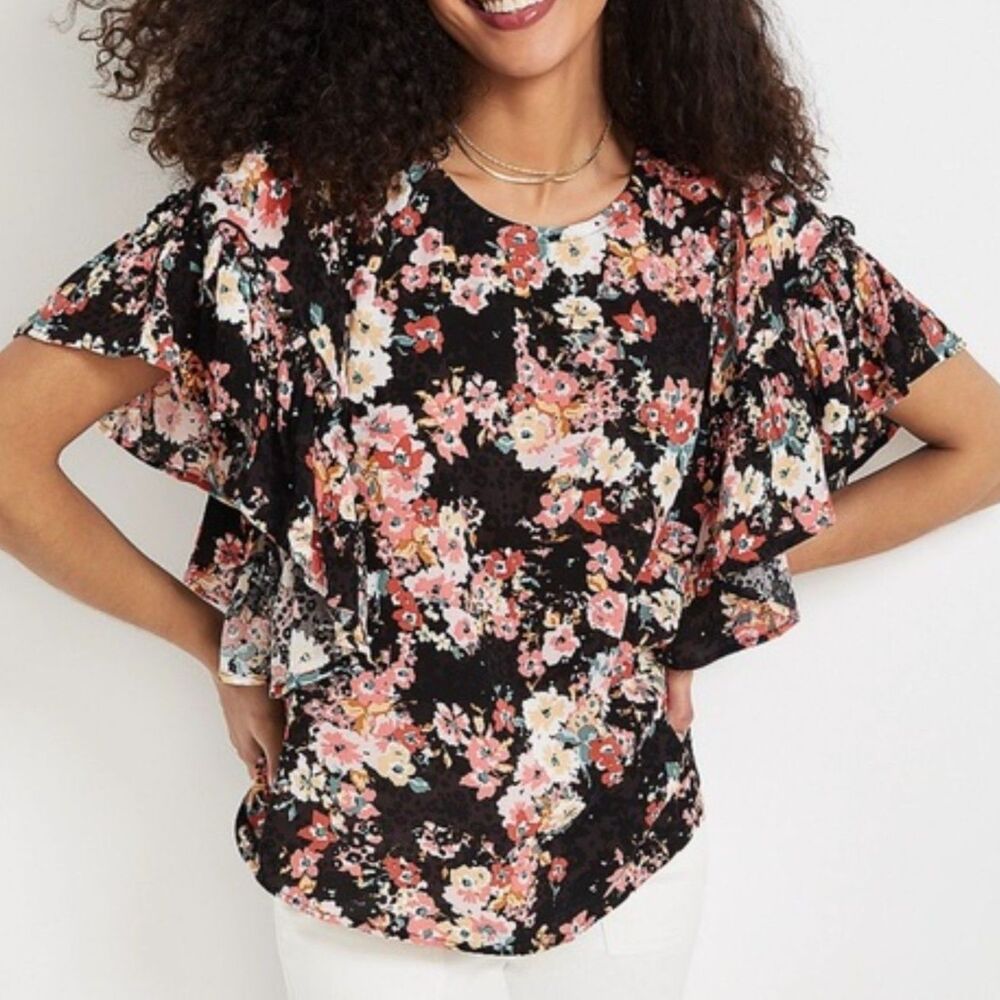 Maurices Floral Peasant Blouse Ruffle Short Sleeve Open Back Women's Size XXL